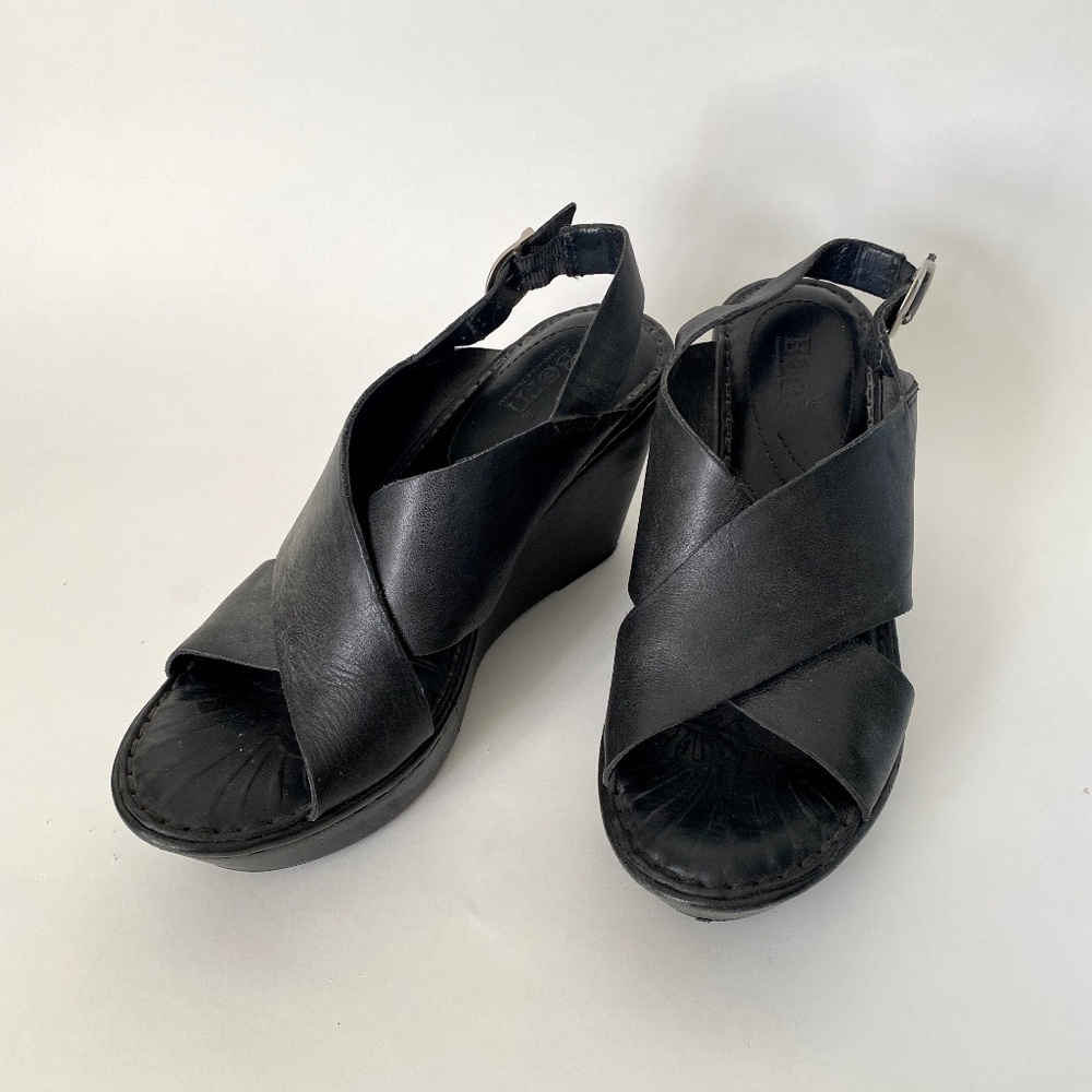 Born Black Leather Wedge Sandals, Size 7